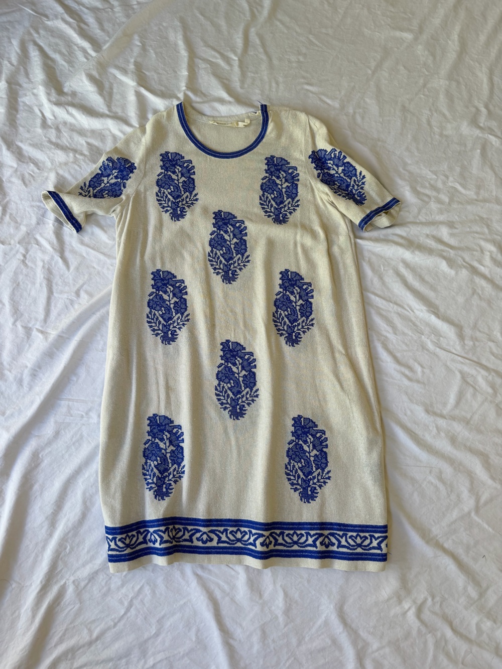 Isabel Marant Cream Short-Sleeve Knit Dress with Blue Motifs